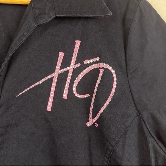 Harley Davidson Black Zip Front Short Sleeve Rhinestone Top Size XL Women - Picture 5 of 10